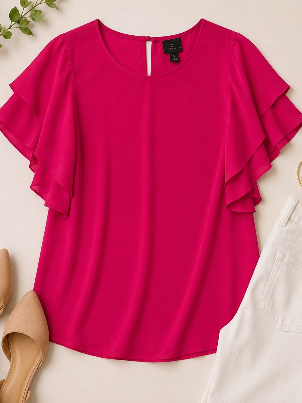 Petite Friendly Worthington Pink Flutter Sleeve Blouse Large NWT‎